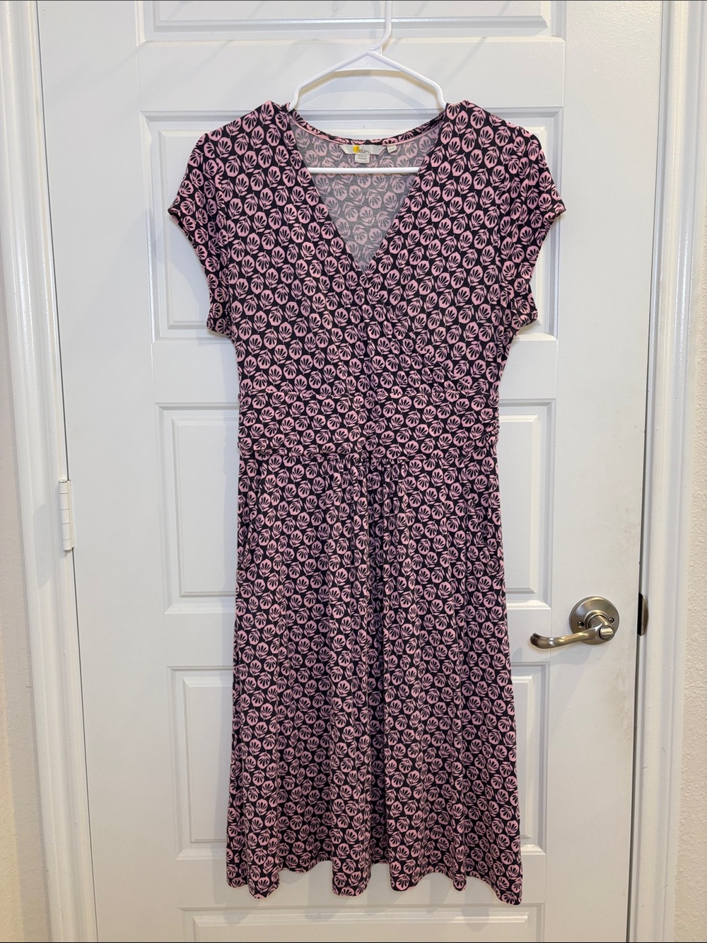 Boden Pink Navy Floral Midi Dress 6P V Neck Fit & Flare Stretch Petite